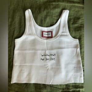 CHNGE ‘Women Don’t Owe You Shit” White Crop Top Size M